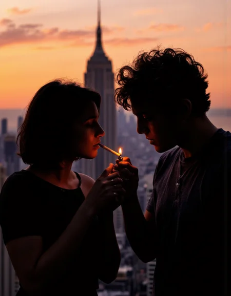 Rembrandt Lighting. A photorealistic close-up shot of a couple's silhouette at sunset, with a city skyline in the background. The couple stand facing each other, the woman holding a lighter to light her cigarette and her companion's. The woman has short black hair and the man has curly hair, both dressed in black. Both the man and the woman hold the lighter's flame with their hands to protect it from the wind, and the glow of the flame reflects on their faces and hands. The setting is a cityscape with a tall building in the distance, illuminated by the warm orange and pink hues of the sunset, creating a romantic atmosphere.