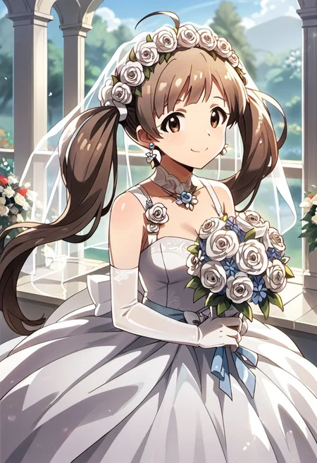 score_9, score_8_up, score_7_up, source_anime,hakozaki serika, brown hair, twintails, brown eyes, long hair, ahoge, 1girl, wedding dress, bouquet, dress, gloves, jewelry, elbow gloves, earrings, flower, smile, solo, bridal veil