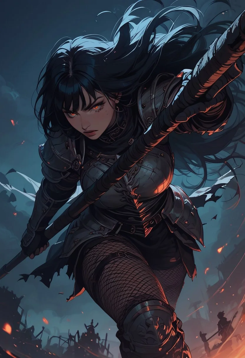 Score_9, Score8_up, Score_7_up, (((High Resolution, Best Quality))),
1girl, beautiful, breasts, battle scarred, damaged armor, fishnets under armor, bangs, long hair, plated armour, holding staff, battle stance, dynamic angle, ancient fantasy city, battle-ready stance, dynamic pose, at night, moonlight, riding a nimbus cloud, nimbus, wukong theme, directional lighting, viewed from above,