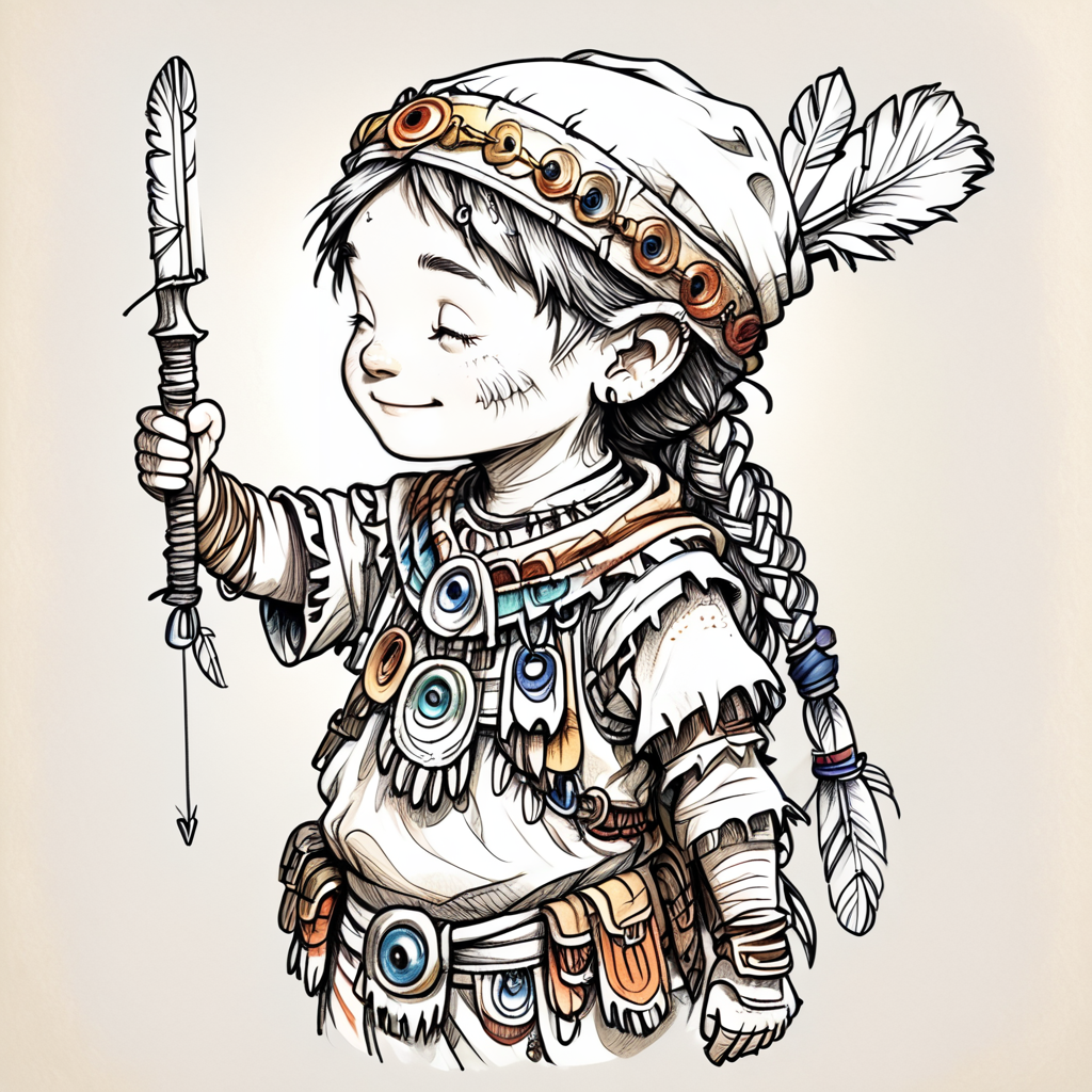 ArsMJStyle, Whimsical Mechanica, Line Drawing, The image is a black and white illustration of a young girl with long hair. She is wearing a traditional Native American outfit with a headdress and a feather quill pen in her right hand. The headdress is made up of various items such as beads chains and feathers. The girl has a peaceful expression on her face and is looking off to the side. She appears to be in a contemplative pose. The overall style of the illustration is whimsical and dreamlike., 1girl, solo, braid, closed eyes, smile, quiver, weapon, long hair, jewelry, arrow (projectile)  <lora:Whimsical_Mechanica_Line_DrawingPony:1>