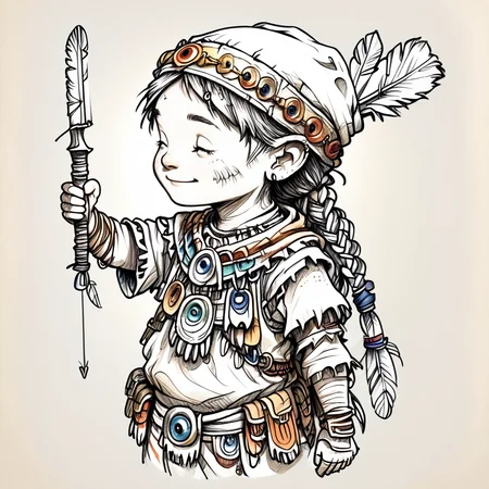 ArsMJStyle, Whimsical Mechanica, Line Drawing, The image is a black and white illustration of a young girl with long hair. She is wearing a traditional Native American outfit with a headdress and a feather quill pen in her right hand. The headdress is made up of various items such as beads chains and feathers. The girl has a peaceful expression on her face and is looking off to the side. She appears to be in a contemplative pose. The overall style of the illustration is whimsical and dreamlike., 1girl, solo, braid, closed eyes, smile, quiver, weapon, long hair, jewelry, arrow (projectile) <lora:Whimsical_Mechanica_Line_DrawingPony:1>