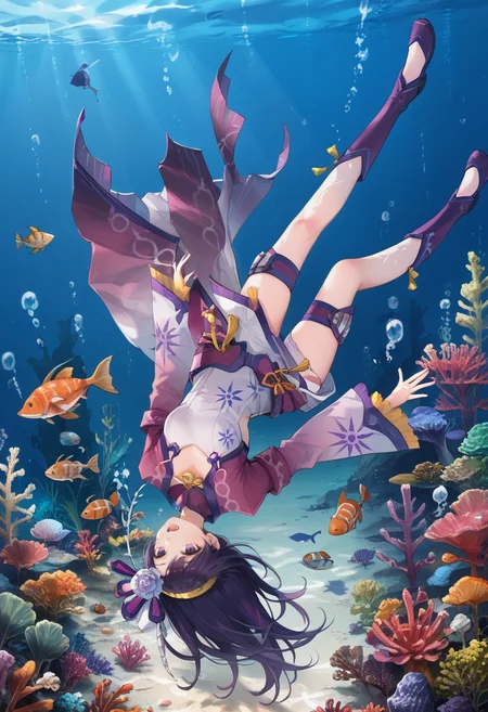 (score_9:0.9),score_8_up,score_7_up,rating_safe,anime style,(zPDXL),<lora:Gobul armor ponyXL v1.2:0.83>,gobul x gunner armor,white hair ornament,purple knee boots,purple thigh strap,white chinese dress,purple long sleeves,1girl,purple eyes,solo,purple hair,long hair,full body,looking at viewer,upside-down,open mouth,underwater, seabed