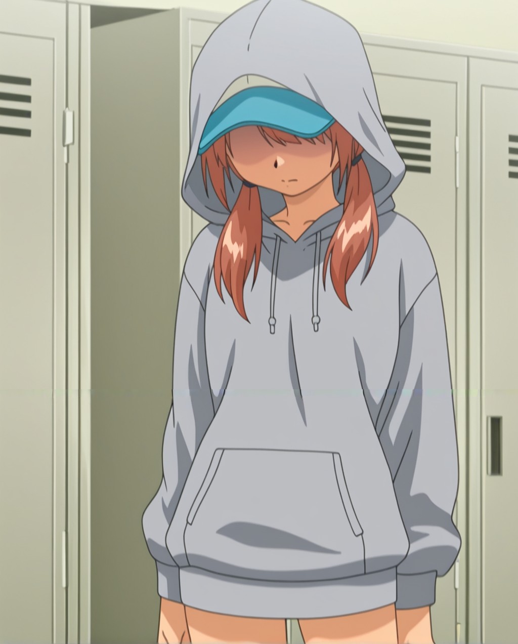 <lora:Yuri_Illustrious_from_The_Invisble_Stud_Returns-000009:1>,yuri,anime coloring,anime screencap,cowboy_shot,white cappie,standing eyes covered,grey hoody,baseball_cap,twintails,(hood up:1.1),looking down,face dark,locker room,(no eyes:1.2),solo,