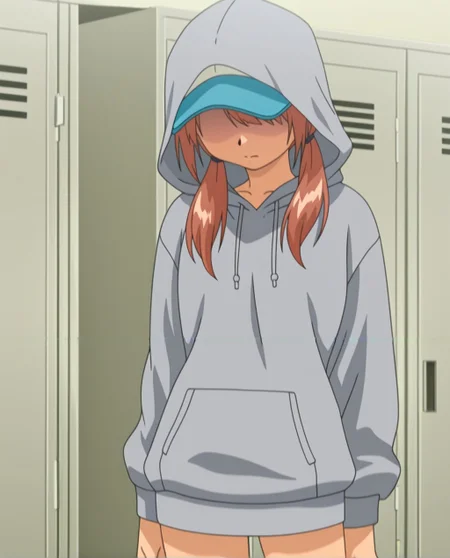 <lora:Yuri_Illustrious_from_The_Invisble_Stud_Returns-000009:1>,yuri,anime coloring,anime screencap,cowboy_shot,white cappie,standing eyes covered,grey hoody,baseball_cap,twintails,(hood up:1.1),looking down,face dark,locker room,(no eyes:1.2),solo,