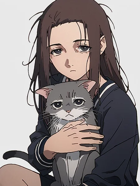 woman, 20 y/o, 20 year old woman, score_7_up, score_8_up, score_9, BREAK masterpiece, perfect hands, high quality, white background, <lora:Iwakura_Mika_PDXLv0b:0.75> iwakura mika, skinny, looking at viewer, sitting, (bags under eyes:0.4), tired, messy hair, hug cat, grey cat,