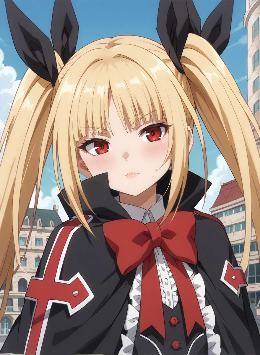 score_9, score_8_up, score_7_up, score_6_up, score_5_up, score_4_up, source_anime, anime screencap, masterpiece, insanely detailed, detailed background, zPDXL3, BREAK, RachelAlucardBB,1girl,solo,long hair,blonde hair,red eyes,red bow,ribbon,twintails,black hair ribbon,small breasts,frills,red bow,ghotic fashion,black capelet ,red cross pattern,black dress