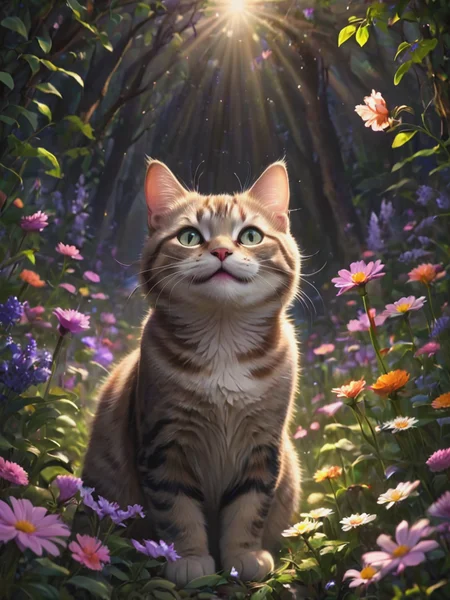letitflrsh, a happy cat in a hopeful forest of flowers, light, composition, detailed, ow-saturation, muted, lowkey, faint, psychedelic art , <lora:- SDXL - letitflrsh_let_it_flourish_V1.0-000005:.9>