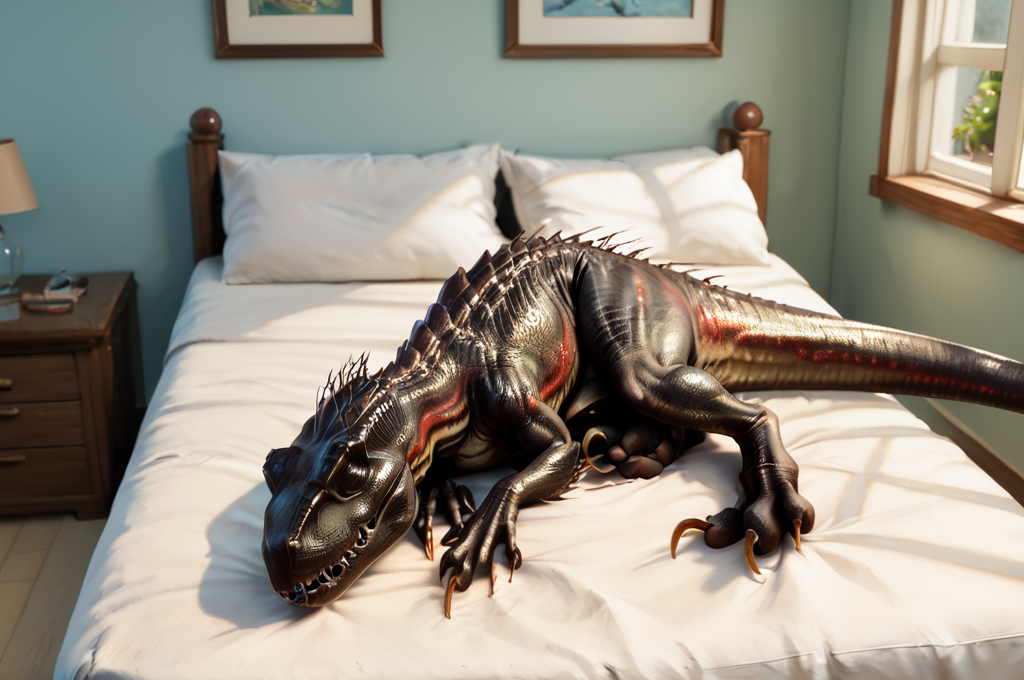 source_furry, score_9, score_8_up, score_7_up, (indoraptor_jwe, dinosaur, feral), scalie, black scales, detailed scales, red marks, closed eyes, teeth, sharp teeth, claws, tail, <lora:JWE_IndoraptorPony:0.8>, indoors, bedroom, lying on bed, sleeping, zPDXL2, zPDXLpg, zPDXLrl, best quality, highly detailed, extreme details, masterpiece, photorealistic, hyperrealistic, ultra realistic, hdr, 4k, uhd, ray tracing, shaded