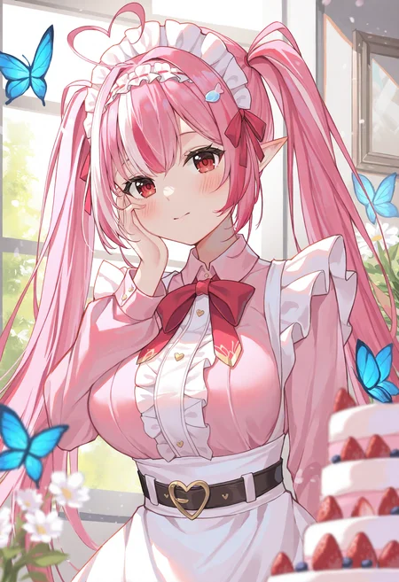 1girl, food, strawberry, red eyes, virtual youtuber, pointy ears, solo, twintails, multicolored hair, hand on own cheek, heart ahoge, butterfly, fruit, hand on own face, bug, belt, frills, blush, holding, blue butterfly, hairband, looking at viewer, puffy sleeves, window, apron, breasts, petals, blurry foreground, blurry, cake, indoors, closed mouth, pink shirt, flower, bouquet, long sleeves, ahoge, ribbon, depth of field, heart, center frills, maid headdress, upper body, streaked hair, large breasts, pink hair, two-tone hair, white apron, frilled hairband, red ribbon,
masterpiece,best quality,newest,absurdres,highres,very awa,<lora:alguang1_noob1.1-000178:0.8>,
