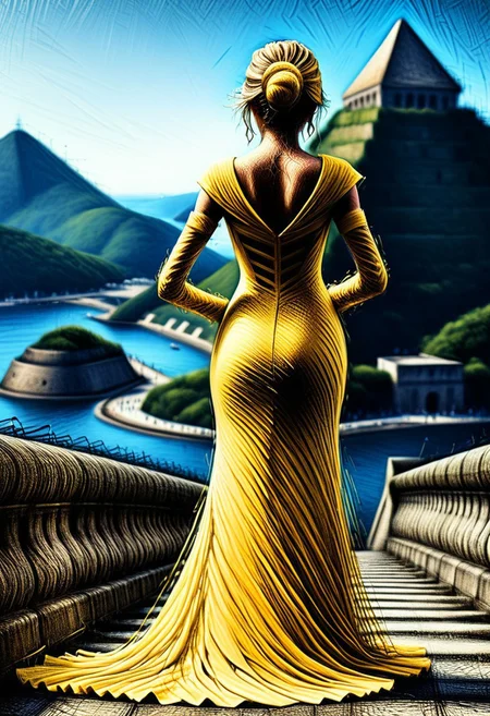 ScribbleRay, FOTOREALISTIC, rear_view, beautiful tall lady, (long yellow gala dress, green details), (wide dress:1.8), blue elbow gloves, background Rio_de_Janeiro, score_9, score_8_up, score_7_up, score_6_up, score_5_up, score_4_up, UHD, 8K, masterpiece, ultra-realistic, Ultra detailed photorealistic background, photoreal, realistic high detailed beautiful face, anatomic correct bodies, ultra_high_resolution, ancient parapet, Extremely Realistic, lots of detail, full_body_visible.