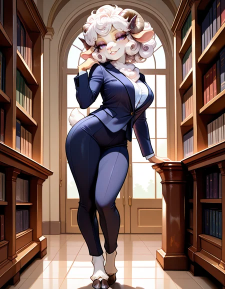 masterpiece, best quality, very aesthetic, absurdres,
indoors, library, 
office lady, office suit, 
full body, posing, 
seductive smile, parted lips, long eyelashes,
<lora:Dolly_v02_NAIXL:1>
Dolly,1girl, solo, furry female, sheep girl, sheep ears, horns, short curly hair, white hair, purple eyes, horizontal pupils, animal nose, body fur, white fur, short tail, hooves,