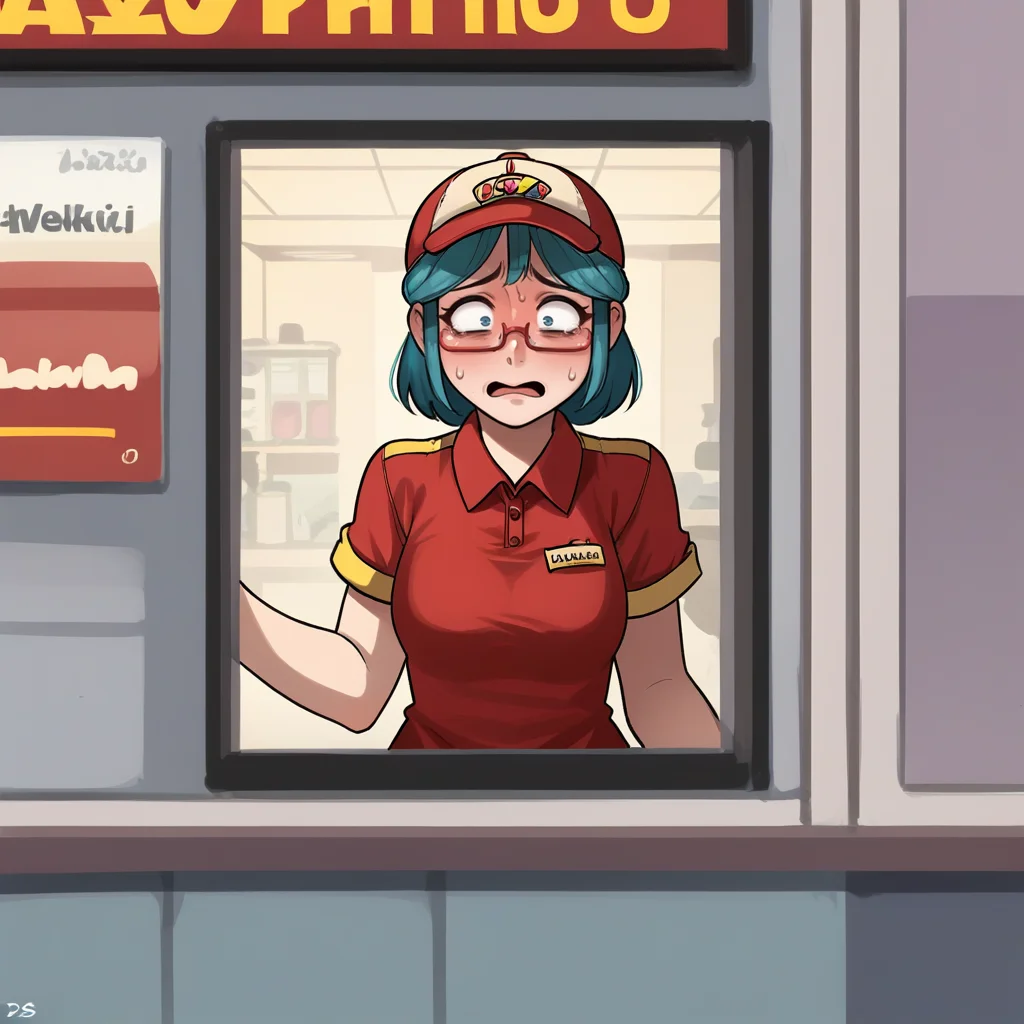 score_9, score_8_up, score_7_up, score_6_up, score_5_up, score_4_up, zPDXL2,source_anime,rating_questionable,1girl, kobeni_CSM, kobeni, nervous, <lora:Drive-Thru_Window:0.7> dr1v3thru, employee uniform, drivethru-window