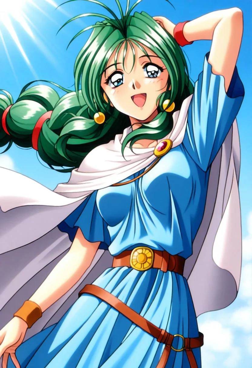 masterpiece, best quality, amazing quality, very aesthetic, high resolution, 1girl, cowboy shot, anime-style, digital art, high resolution, cute girl, smiling, sunlight, bright, clear sky, blue sky, clouds, daytime, outdoor, wind blowing her hair, dynamic pose, cheerful mood, light reflections, detailed background, high quality, beautiful, attractive, light rays, bright lighting, sky, joyful, happy, energetic, bright atmosphere, detailed shading, anime aesthetics, vibrant, lively, braid, jewelry, belt, cape, blue dress, wristband, retro artstyle, 1990s \(style\),
clairemm, blue eyes, green hair, antenna hair, long hair, low-tied long hair, hair bobbles, medium breasts, mature female,