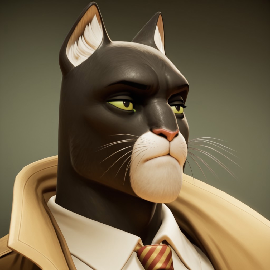 masterpiece, best quality, amazing quality, solo, Blacksad, whiskers, 1boy, furry, cat ears, black eyes, green sclera, tall, well-built, muscular, cat nose, black fur, white around mouth, older male, red-and-gold striped tie, trench coat, broad shoulders, white collared undershirt, green pants, black belt, black shoes, close up, portrait, face, shot, solo,