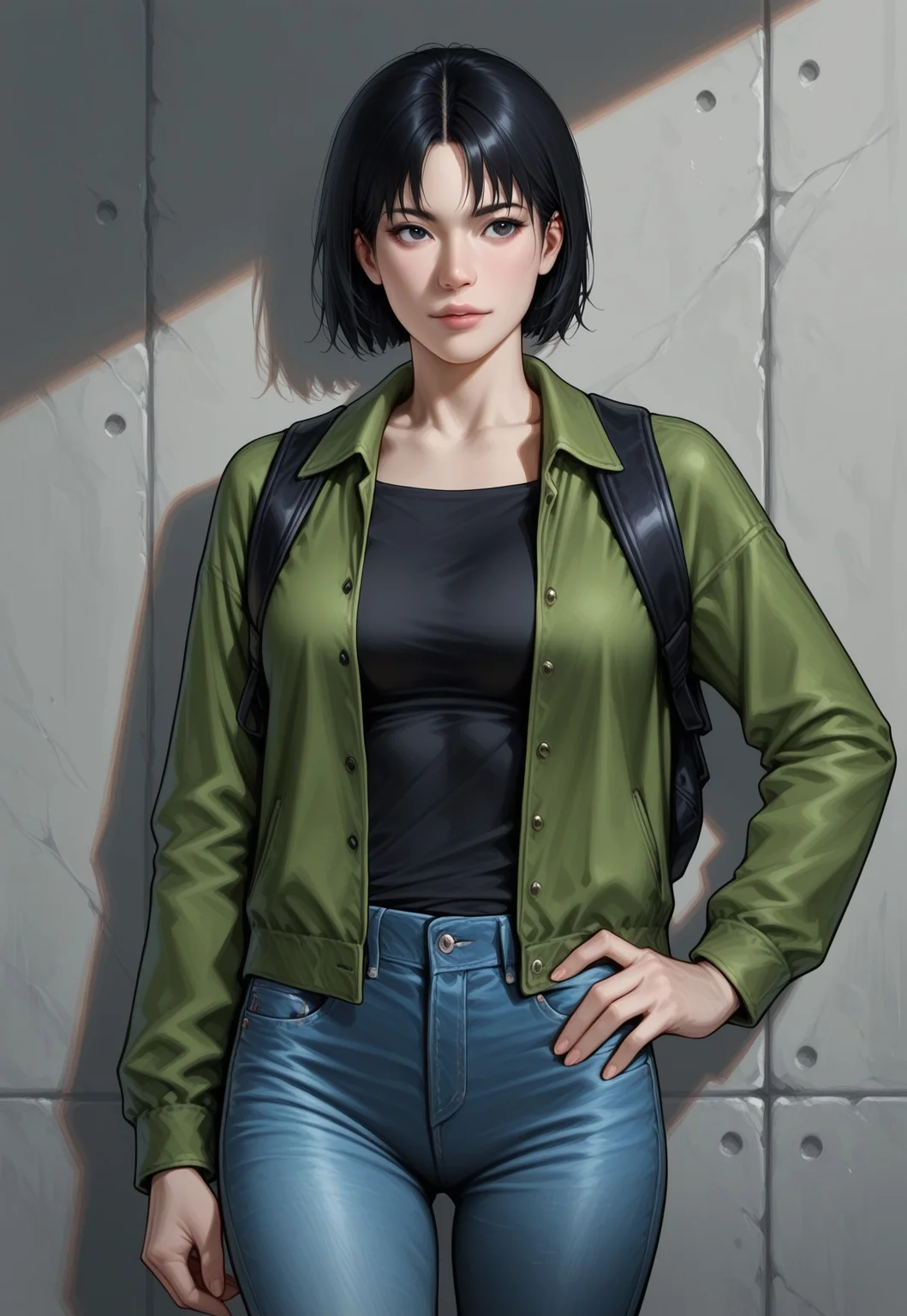masterpiece, best quality, detailed, realistic, cowboy shot, 1girl, solo, Yokreo, short hair, black hair, green jacket, black shirt, jeans, backpack, hand on hip,