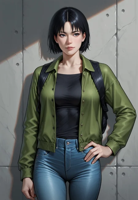 masterpiece, best quality, detailed, realistic, cowboy shot, 1girl, solo, Yokreo, short hair, black hair, green jacket, black shirt, jeans, backpack, hand on hip,