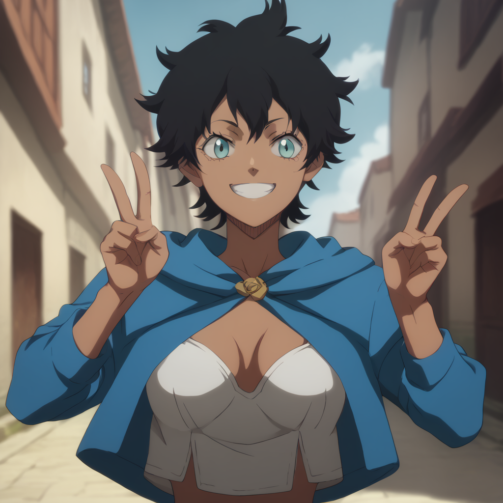 <lora:SlimesSolMaron:1>, score_9, score_8_up, score_7_up, slimes_solmaron, woman, solo, waist up shot, smiling, peace handsign, black hair