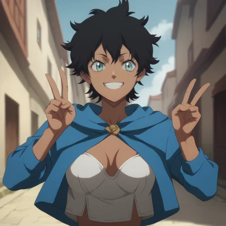 <lora:SlimesSolMaron:1>, score_9, score_8_up, score_7_up, slimes_solmaron, woman, solo, waist up shot, smiling, peace handsign, black hair