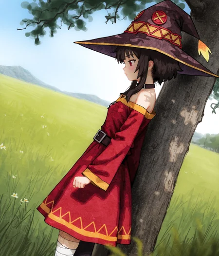 (by reddizen, by akai sashimi:1.25), sketch by ask \(askzy\), traditional media, official art, aged up, general safe,
megumin, from side, profile, looking to the side, leaning against tree, dappled sunlight, solo, disdain, uneven legwear, wizard hat, clenched hands, long skirt,
aesthetic elegant beautiful, hyper detailed, old, retro artstyle,
blurry foreground, detailed background, outdoors, (dutch angle:1.2), nature, perspective, meadow,