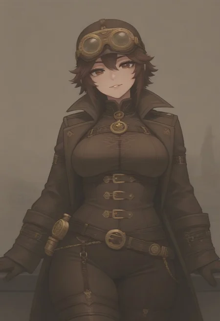 masterpiece, best quality, medium breasts, (curvy), ,,, steampunk pirate captain, brass goggles, weathered leather coat, mechanical parrot, airship in the background, intricate steampunk accessories, rugged and confident poseBREAK, 1girl, solo, smile, looking at viewer, cowboy shot, <lora:AfrobullIXL_v1:1.0>,
