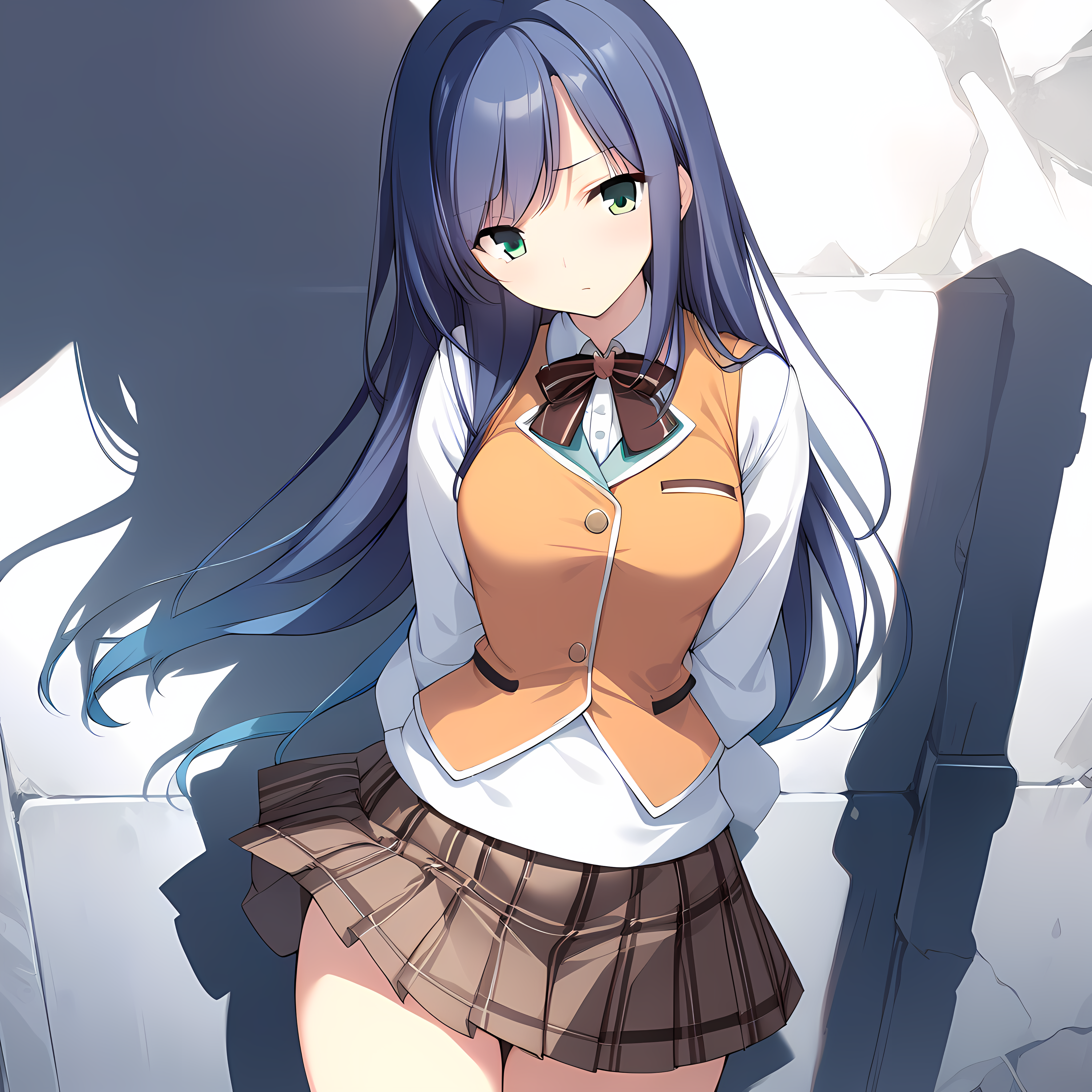 (masterpiece),(best quality),(ultra-detailed),(best illustration),(best shadow),(absurdres),(detailed background),(very aesthetic), Natsuki Kuga, standardoutfit, 1girl, weapon, solo, long hair, blue hair, dark green eyes, hands behind back, arms behind back, skirt, vest <lora:NatsukiKugav1:1>