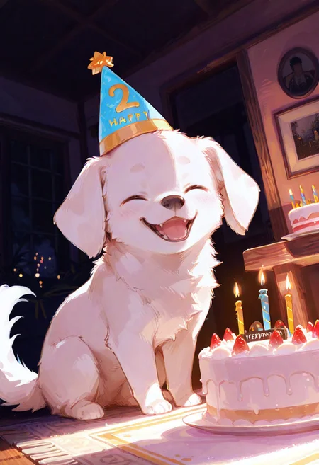 masterpiece, best quality, amazing quality, flat colors, high detailed, high quality, high resolution, 4k , male , solo , 1boy, feral, puppy, white fur, eyes closed, Birthday cake, candles, at table, birthday hat, happy, in house , dynamique angle, sitting, looking at viewer, smile
