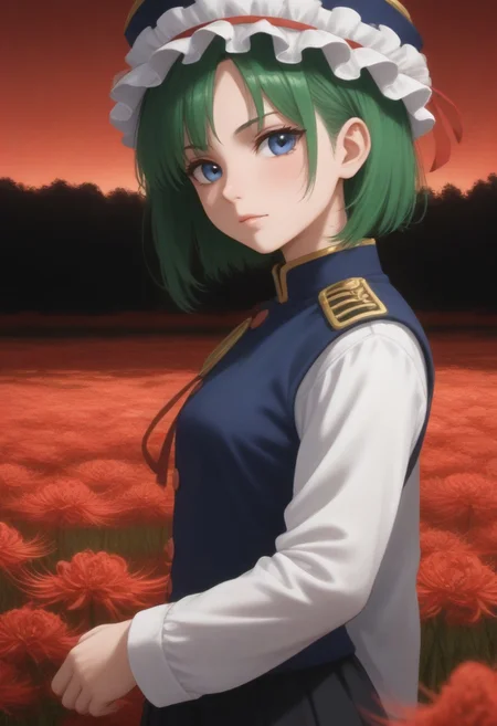 1girl, solo, solo focus, highres, absurdres, shikieiki, green hair, frilled hat, blue eyes, blue headwear, short hair,
long sleeves, black skirt, white shirt, blue vest, red ribbon, epaulettes, small breasts, arm ribbon, buttons, 
looking at viewer, head tilt, from side, 
red spider lily, flower field, night sky, red sky, dark, red theme,