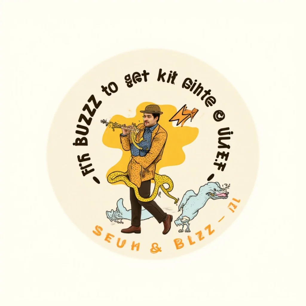 "BUZZ to get rid of snakes", SuchBuzzLogo, snake charmer, flute, leading snakes out of town