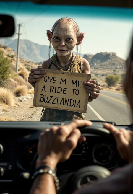 A stunning 4K masterpiece in which Smeagol from The Lord of the Rings stands with a sign by the road on a sunny day. He is dressed in casual clothes with an intricate design, dressed in bright colors, the sign reads "Give me a ride to Buzzlandia". This scene captured him in the face of the driver of the car, when he holds the steering wheel in the first person and looks at Smeagol. The intense, comical expression on Smeagol's face adds humor, and the bright colors and dynamic action make this image truly impressive. raw photo, overexposure, bright flash.