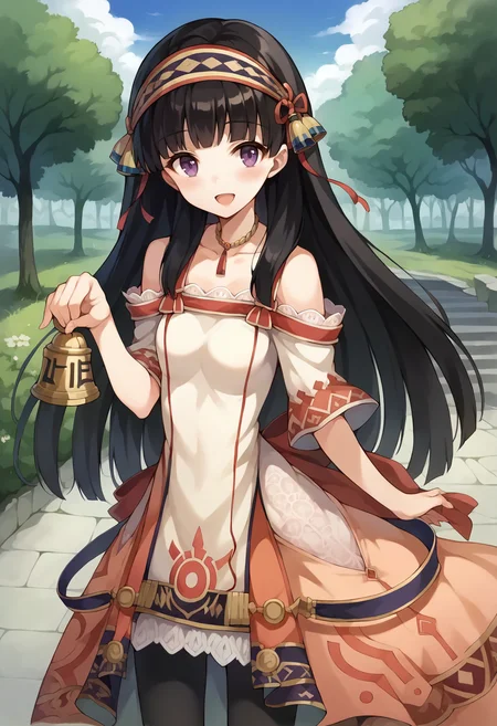 score_9, score_7_up, hd, (ultra hd quality details), source_anime, outdoors,
solo, 1girl, atslstera, long hair, hairband, purple eyes,
slsteradef, print dress, off-shoulder dress, necklace, bare shoulders, black pantyhose,
looking at viewer, blush, smile, open mouth,
holding bell,
<lora:_shallistera_argo-elesico-ponyB:1>