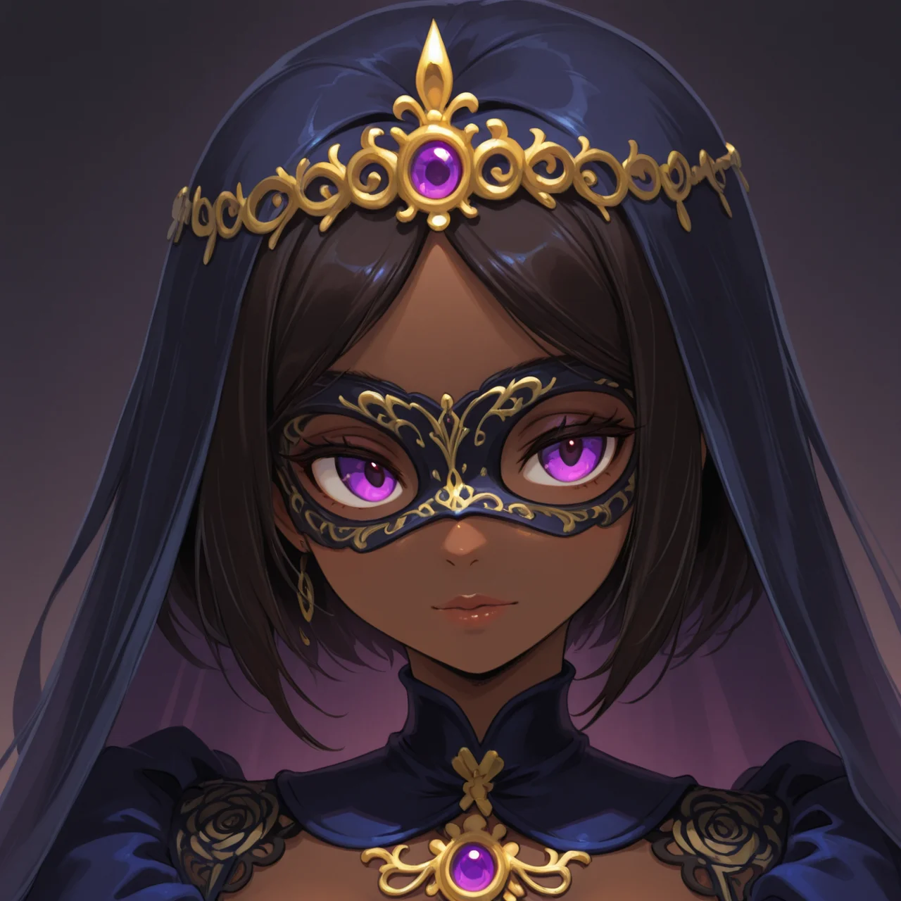 1girl, dark skin, dark-skinned female,
Baroque Masquerade Dress â Golden embroidery on navy blue velvet with a half-mask covering one eye. (Pose: holding a feathered mask up; close-up, slight tilt; Setting: candle-lit masquerade ball.)
<lora:DarkfireStyle11:1>
