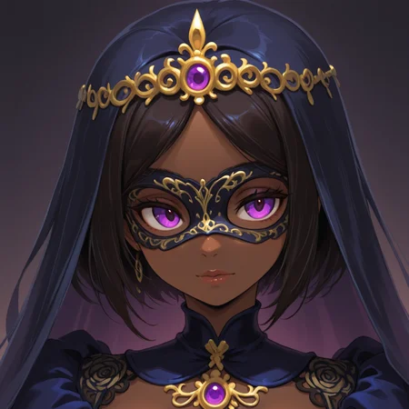 1girl, dark skin, dark-skinned female, 
Baroque Masquerade Dress â Golden embroidery on navy blue velvet with a half-mask covering one eye. (Pose: holding a feathered mask up;   close-up, slight tilt; Setting: candle-lit masquerade ball.)
<lora:DarkfireStyle11:1>