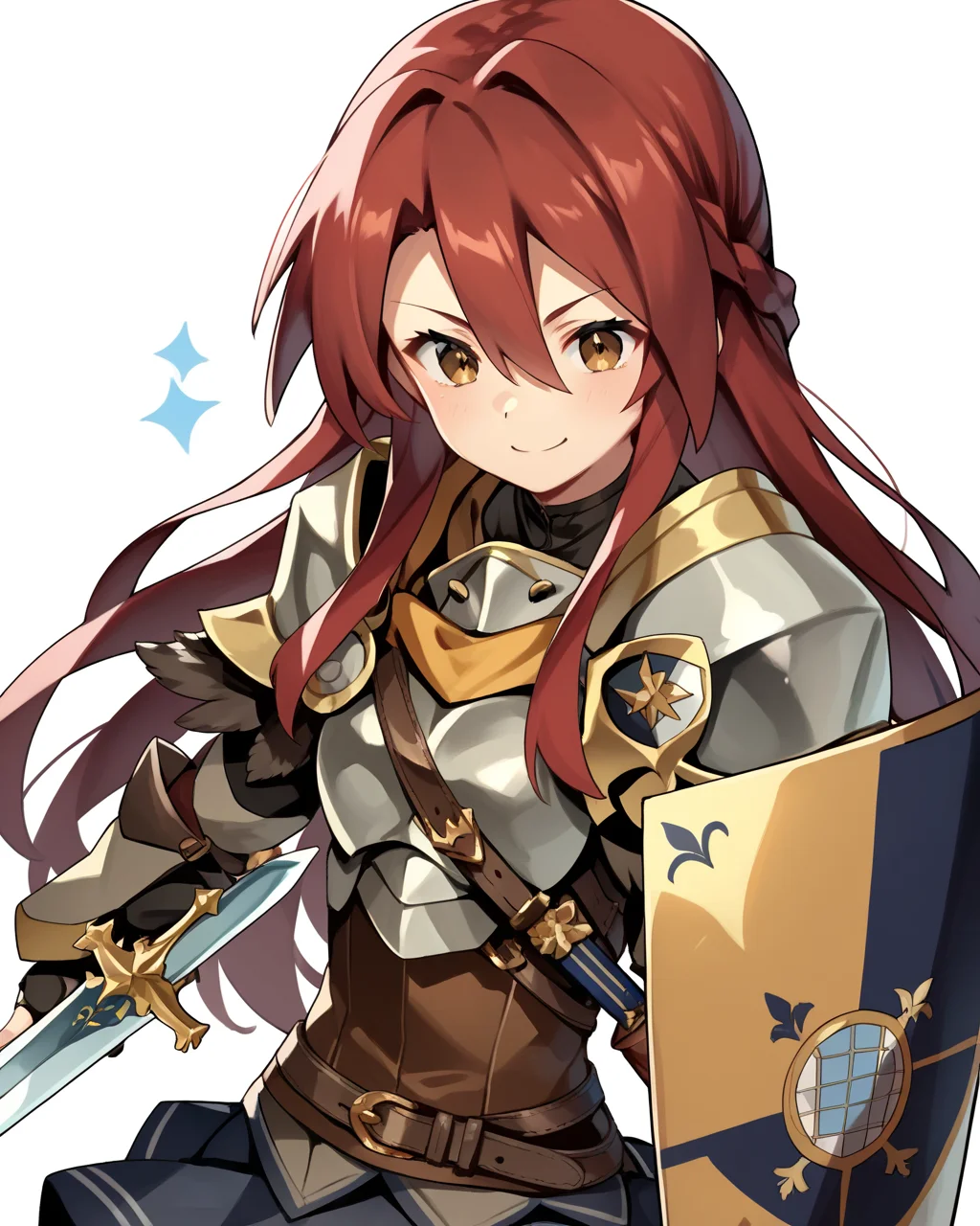 score_9, score_8_up, score_7_up, score_6_up, score_5_up, score_4_up, BREAK source_anime,<lora:add-detail-xl:1>,<lora:Expressive_H:1>,
<lora:Raquna Sheldon_PONY:1>,raquna sheldon, 1girl, solo, red hair, long hair, hair between eyes,brown eyes, armor, shoulder armor, breastplate, pantyhose, skirt, shield, holding sword,smile, closed mouth