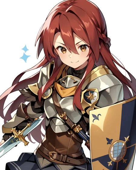 score_9, score_8_up, score_7_up, score_6_up, score_5_up, score_4_up, BREAK source_anime,<lora:add-detail-xl:1>,<lora:Expressive_H:1>,
<lora:Raquna Sheldon_PONY:1>,raquna sheldon, 1girl, solo, red hair, long hair, hair between eyes,brown eyes, armor, shoulder armor, breastplate, pantyhose, skirt, shield, holding sword,smile, closed mouth
