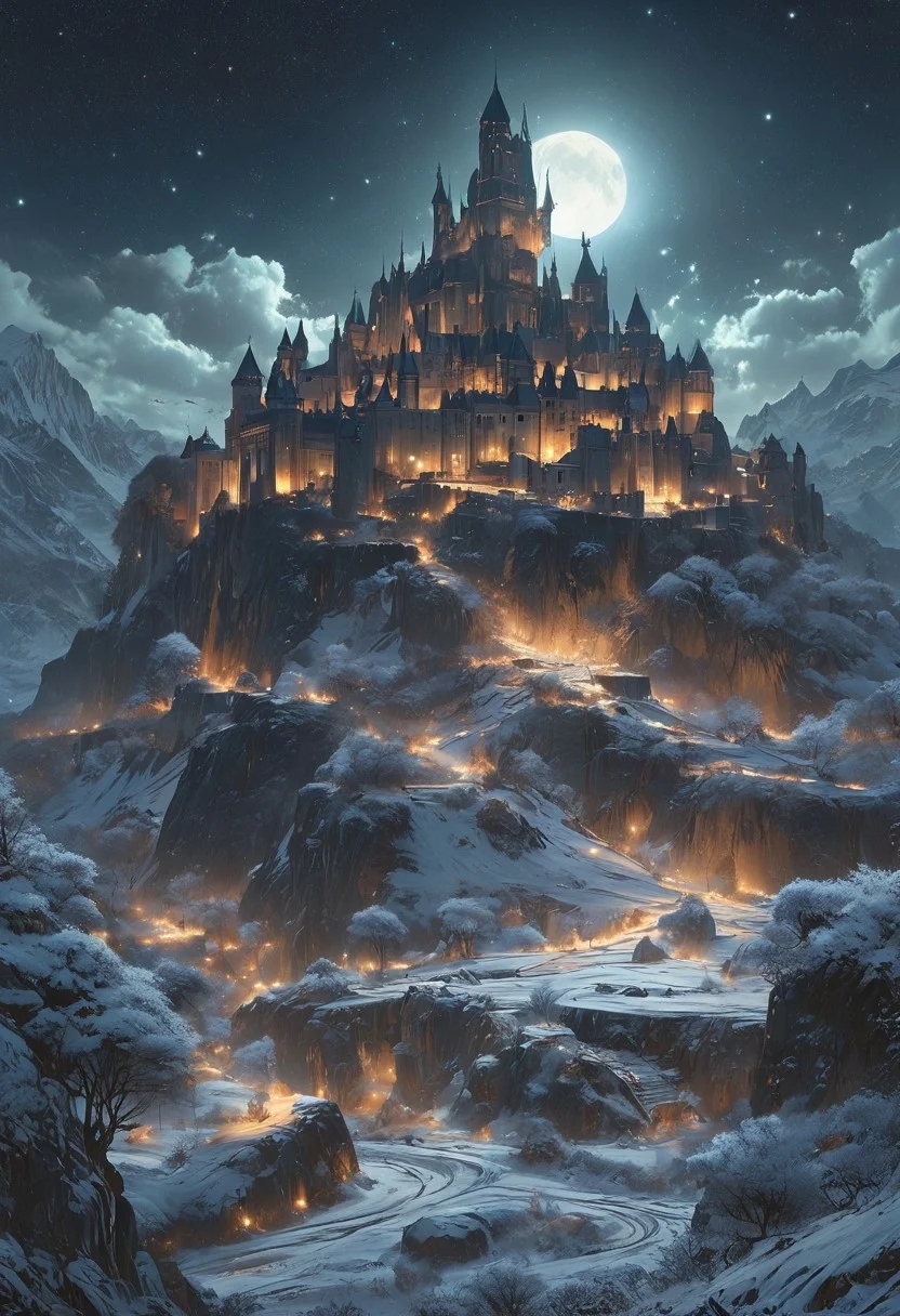 A captivating night scene illustration featuring a grand yet comfortable fortified castle standing tall on a rocky and snowy mountain. The castle, adorned with multiple windows, emits a warm glow, highlighting its intricate architecture and rich history. The snow mountain is covered in great pine trees, reflecting on the calm, moonlit snow that mirrors the silvery moonlight. The full moon graces the sky, casting an ethereal glow on the clouds and mountain, while wispy clouds partially obscure its brilliance, adding to the scene's mystique. Twinkling stars dot the sky, creating a celestial tapestry that harmonizes with the moon's radiance. This enchanting artwork captures a serene and peaceful night, where the illuminated castle stands resolute amidst the celestial beauty, creating a cinematic experience., illustration, cinematic
<lora:DonM3t3rn1tyXL-v1.1:0.7>, DonM3t3rn1tyXL,
OverallDetailXL <lora:MJ52:0.3> <lora:SDXLFaeTastic2400:0.4> <lora:EpicF4nta5yXL:0.7>