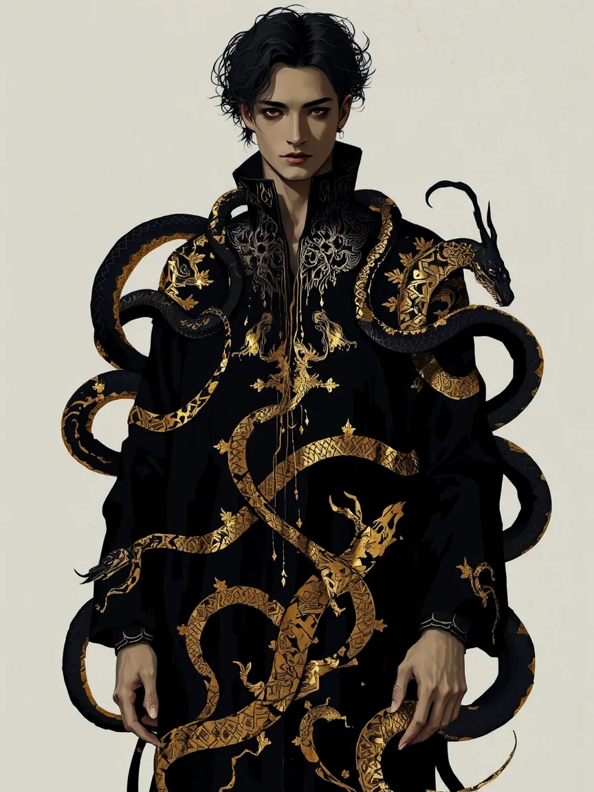 The image is a digital artwork in a dark, surreal, and fantastical style. It features a stylized male figure with an androgynous, pale skin, and short, dark, tousled hair. The figure is dressed in a dark, high-collared, flowing robe adorned with intricate, glowing golden patterns that intertwine with dark, sinuous snakes. The snakes are depicted with an ethereal, almost spectral quality, their bodies shimmering with a mix of gold and dark hues, blending seamlessly with the robe.