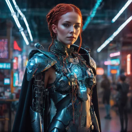 girl, woman, age 32, red hair, braided hair, full body, asymmetrical fashion, scifi cape with clusters of neon wires, wearing a crystalline circuit board style pendant, detailed face, realistic, exposed circuitry, android, scifi fantasy scene setting, scifi, cyborg, posing, hydraulic pistons, playful, drinking coffee