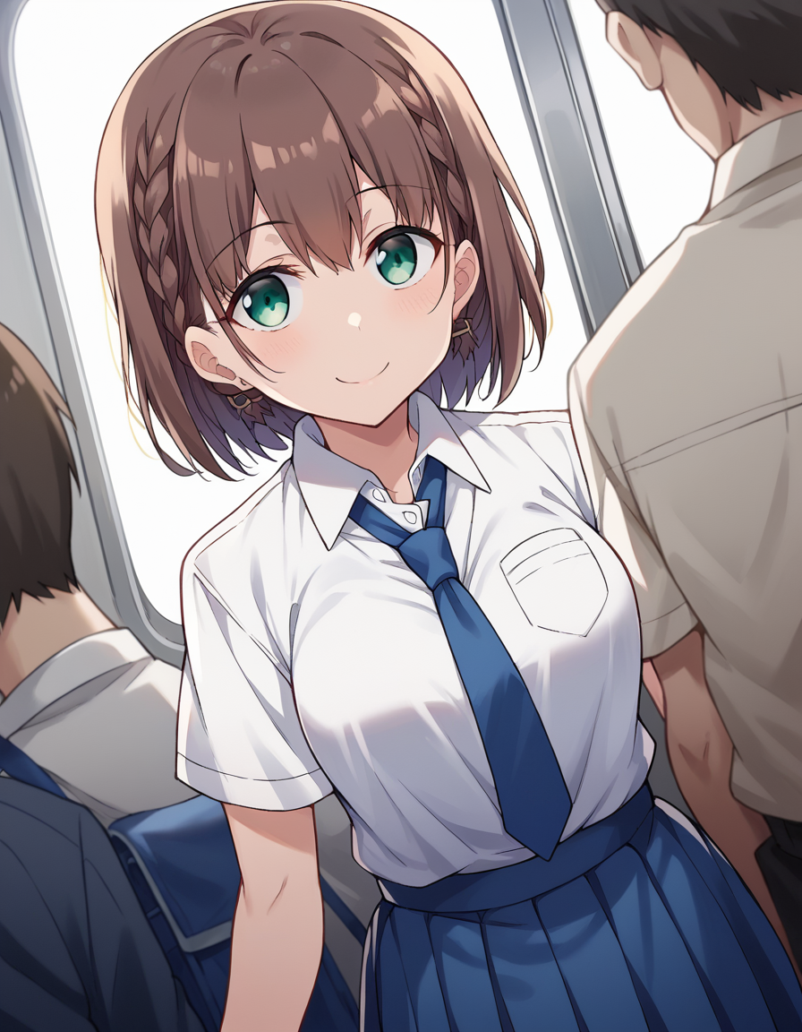 score_9, score_8_up, score_7_up, source_anime,
tawawaai, <lora:tawawa-ai-chan-ponyxl-lora-nochekaiser:1>,
ai, short hair, brown hair, green eyes, braid, side braid, smile,
skirt, shirt, jewelry, school uniform, white shirt, short sleeves, pleated skirt, earrings, necktie, collared shirt, blue skirt, blue necktie,
indoors, train, train interior,
looking at viewer, dutch angle, cowboy shot, dynamic pose,