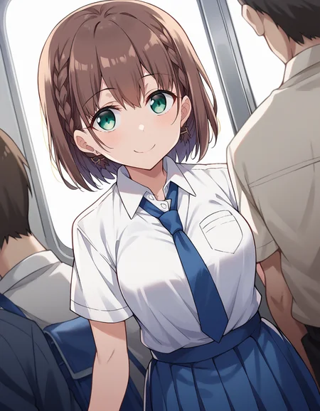 score_9, score_8_up, score_7_up, source_anime,
tawawaai, <lora:tawawa-ai-chan-ponyxl-lora-nochekaiser:1>,
ai, short hair, brown hair, green eyes, braid, side braid, smile,
skirt, shirt, jewelry, school uniform, white shirt, short sleeves, pleated skirt, earrings, necktie, collared shirt, blue skirt, blue necktie,
indoors, train, train interior,
looking at viewer, dutch angle, cowboy shot, dynamic pose,