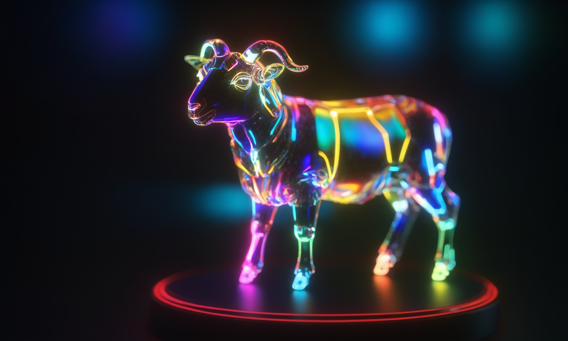 <lora:shineglasscd_xl-000005:0.7>,a (shineglasscd_xl,shine glass,neon lights,light particles,colorful:1.3,gradient,chromatic aberration) mechanical sheep,no humans,long-focus,tilt-shift,dark background,simple background,full body,chinese zodiac,cutie,cute,still life,front view,facing viewer,looking at viewer, emotional,harmonious,high budget,moody,epic,gorgeous,perfect lighting,realistic,photorealistic,photographic,photo (medium),real,moody lighting,volumetric lighting,reality ray tracing,8K,HDR,UHD,masterpiece,best quality,highly detailed,high resolution,finely detail,extremely detailed,ultra detailed,wallpaper
