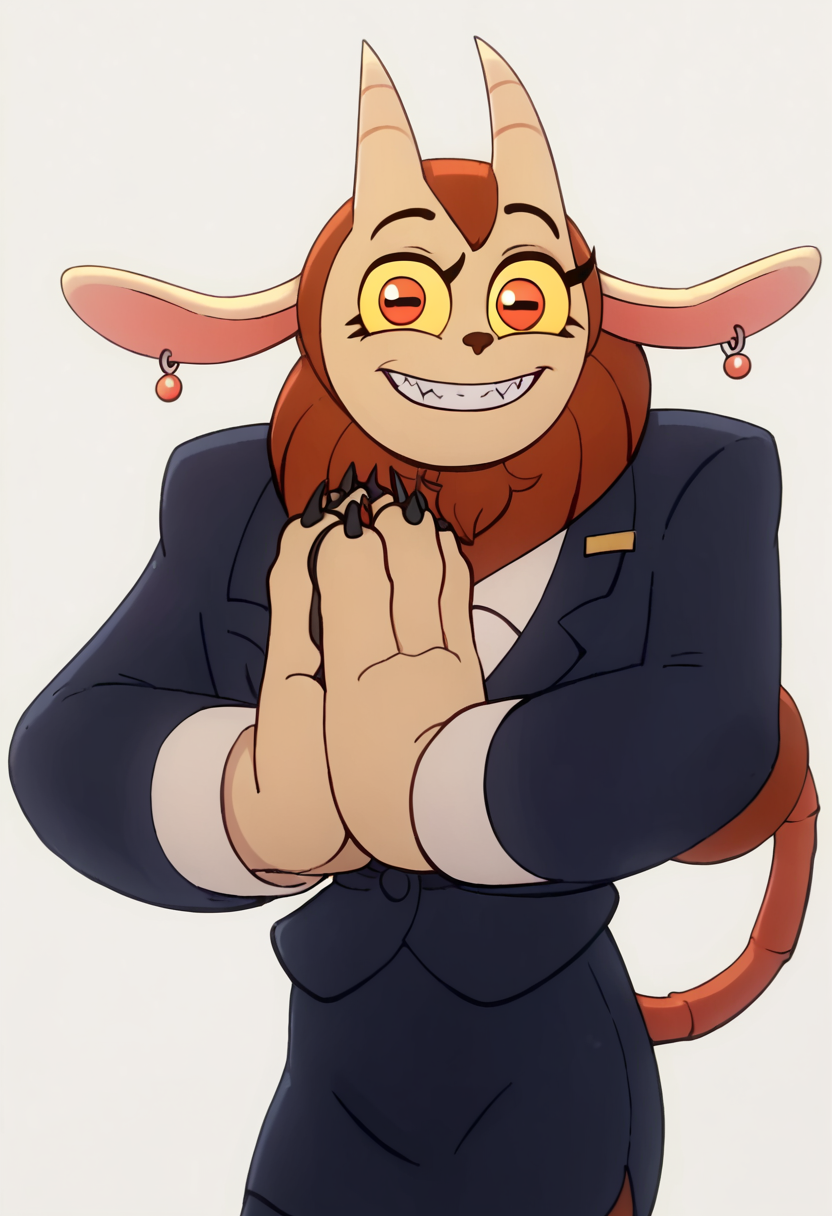 <lora:MaulieManticorePony1.0:1> maulie, horns, furry, solo, 1girl, earrings, animal ears, formal, suit, furry female, pencil skirt, red eyes, yellow sclera, teeth, smile, fangs, score_9, score_8_up, score_7_up, score_6_up, score_5_up, score_4_up, looking at viewer, cowboy shot,upper body, white background, own hands together,