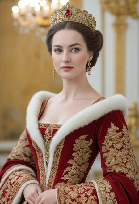 Read more about the "Elegant full-length portrait of the Russian Empress Catherine the Great of ALL Russia in red and white tones with gold embroidery" here.
An illustrated full-length portrait of a woman with striking eyes and brown hair, dressed in a red and white historical dress decorated with elegant jewelry. Empress Catherine the Great is described as a woman of extraordinary beauty and charm. She was tall and slender, with gorgeous brown hair and piercing green eyes. Her skin was spotlessly white, and her lips were full and sensual. Very attractive, slender, known for her exquisite taste in clothes. She often wore dresses made of expensive fabrics such as silk, brocade and velvet, decorated with lace and furs, sable fur and precious stones, diamonds, rubies, emeralds, her outfits were always elegant and fashionable, and she knew how to emphasize her best sides. her magnificent hairstyle is decorated with the crown of the Russian Empire:
The elegant Nikon D850 award-winning camera allows you to take complex, very attractive pictures with high detail, dynamic lighting, high resolution 4K 3D, clear image quality, Unreal engine, colorful, ultra-realistic volumetric lighting, bright colors, as in a dream. A perfect body, figure, hands - all this is absolutely and divinely beautiful. The Anatomy of Perfection