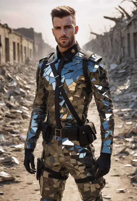 Quality(full body:0.2) photo of a 25 year old (handsome:1.5) Belgian man (wearing soldier uniform Made_of_pieces_broken_glass:1.26), Black fauxhawk hair, (Aggressive facial expression:1.1), Angular chin, (Muscular:1.4), (Soul patch:1.21), (Prominent wide nose:1.7), Detailed skin, Body hair, Dawn Abandoned dirt road background <lora:Made_of_pieces_broken_glass:0.75> <lora:add-detail-xl:1.45>