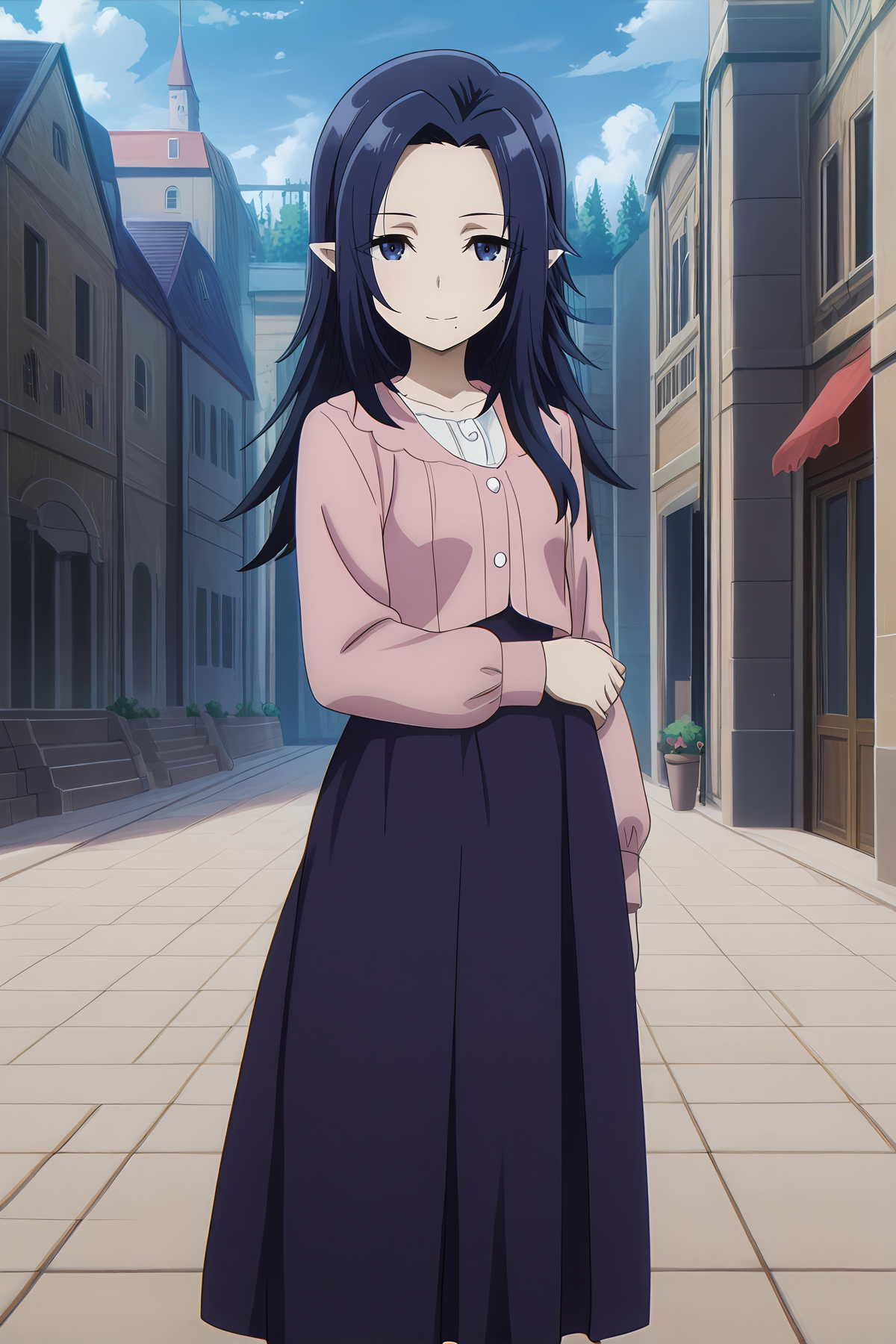 absurdres, highres, masterpiece, best quality, amazing quality, official anime artwork, screencap, anime screencap, outdoors, looking at viewer, light smile, dynamic pose, standing, day, 
 <lora:Gamma_Illustrious_r1:1> Gamma, 1girl, solo, blue eyes, blue hair, long hair, pointy ears, small breasts, mole under mouth, young, aged down,, pink jacket, white shirt, purple skirt, long skirt, dress,