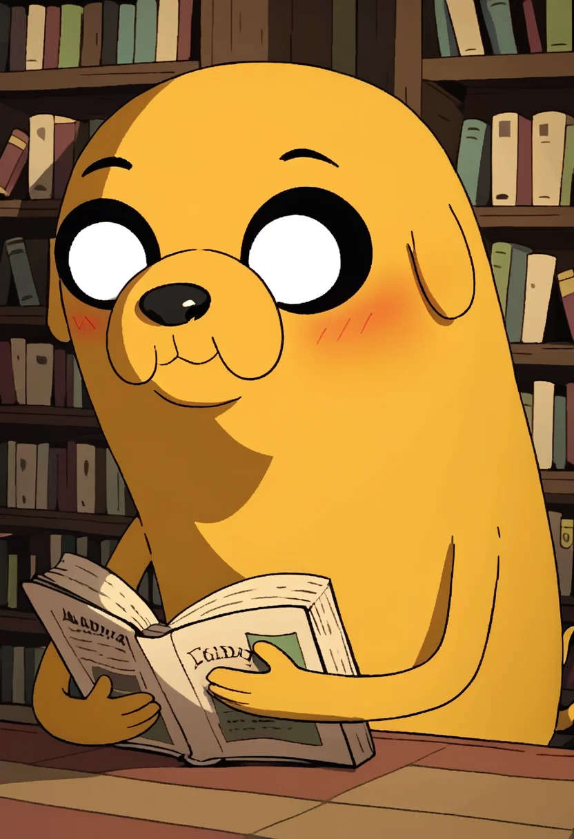score_9, score_8_up, score_8, <lora:Jake_the_DogCake_the_Cat_Adventure_Time_for_PonyXL:0.8> 1boy, j4ke, dog boy, white eyes, black sclera, library, reading, smile, blush, solo