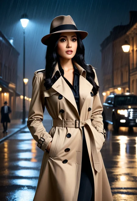 beautiful Detective woman,Ariana,black hair, , detective outfit, trench coat, fedora , ,its raining in the night