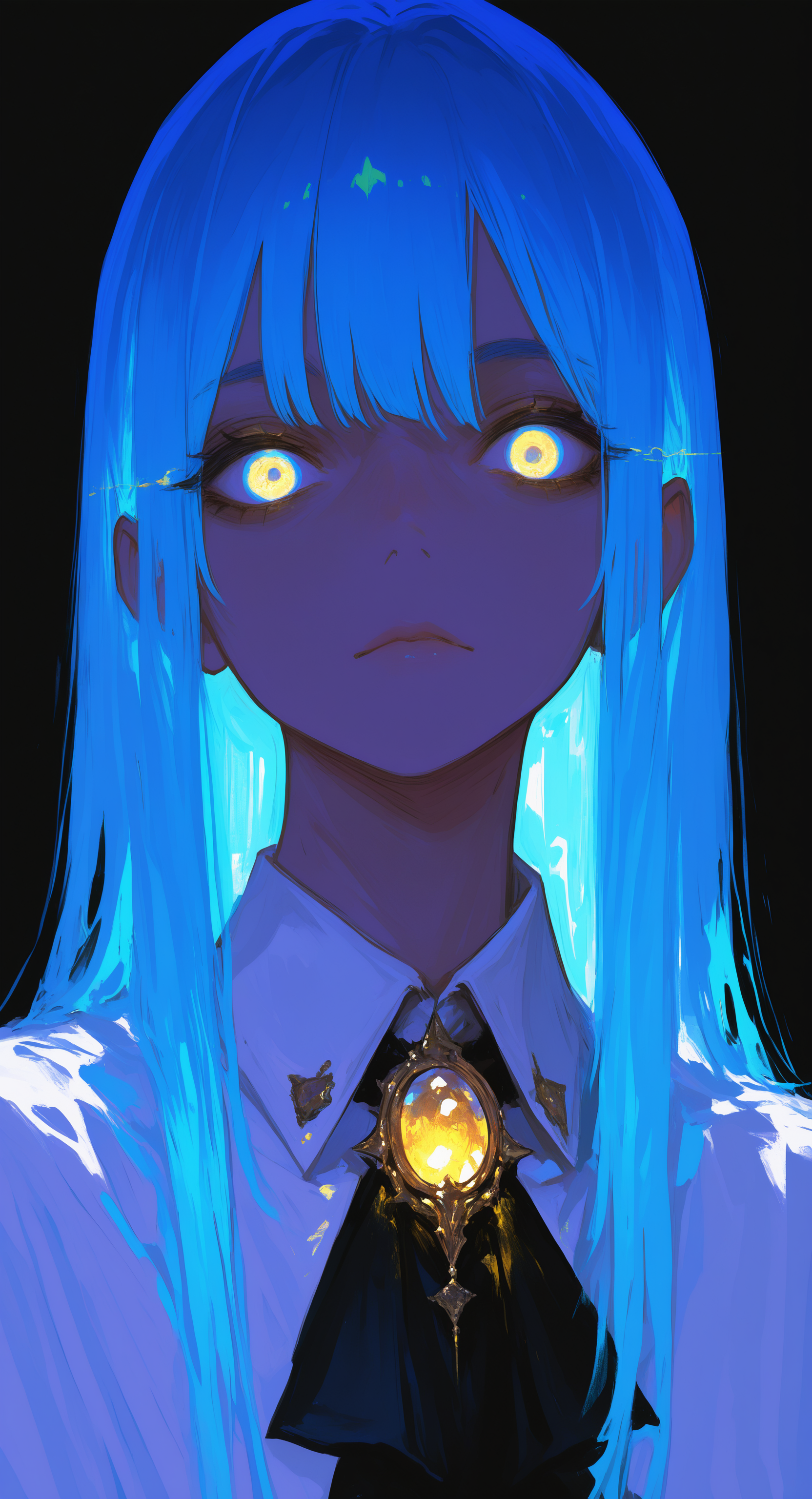 masterpiece, best quality, good quality, very awa, very aesthetic, absurdres, newest,bristle,Surreal,
Transhumanism, 1girl, ascot, black ascot, black background, blue hair, brooch, collared shirt, glowing, glowing eyes, glowing gem, jewelry, looking at viewer, portrait, shirt, long hair, simple background, solo, white shirt, yellow gemstone <lora:ponyv6_noobV1_2_adamW-000017:0.7> <lora:USNR_STYLE_XL_lokr:0.45> <lora:745cmSDXLvpred75S:0.6>