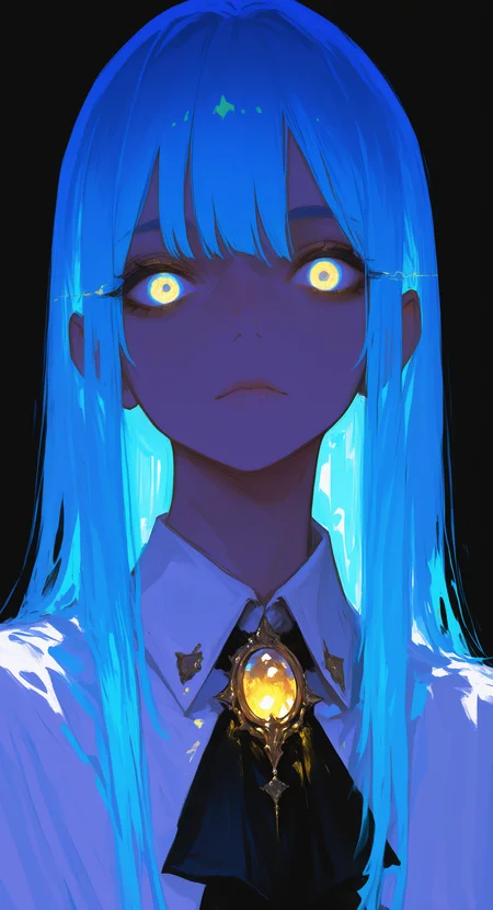 masterpiece, best quality, good quality, very awa, very aesthetic, absurdres, newest,bristle,Surreal,
Transhumanism, 1girl, ascot, black ascot, black background, blue hair, brooch, collared shirt, glowing, glowing eyes, glowing gem, jewelry, looking at viewer, portrait, shirt, long hair, simple background, solo, white shirt, yellow gemstone <lora:ponyv6_noobV1_2_adamW-000017:0.7> <lora:USNR_STYLE_XL_lokr:0.45> <lora:745cmSDXLvpred75S:0.6>