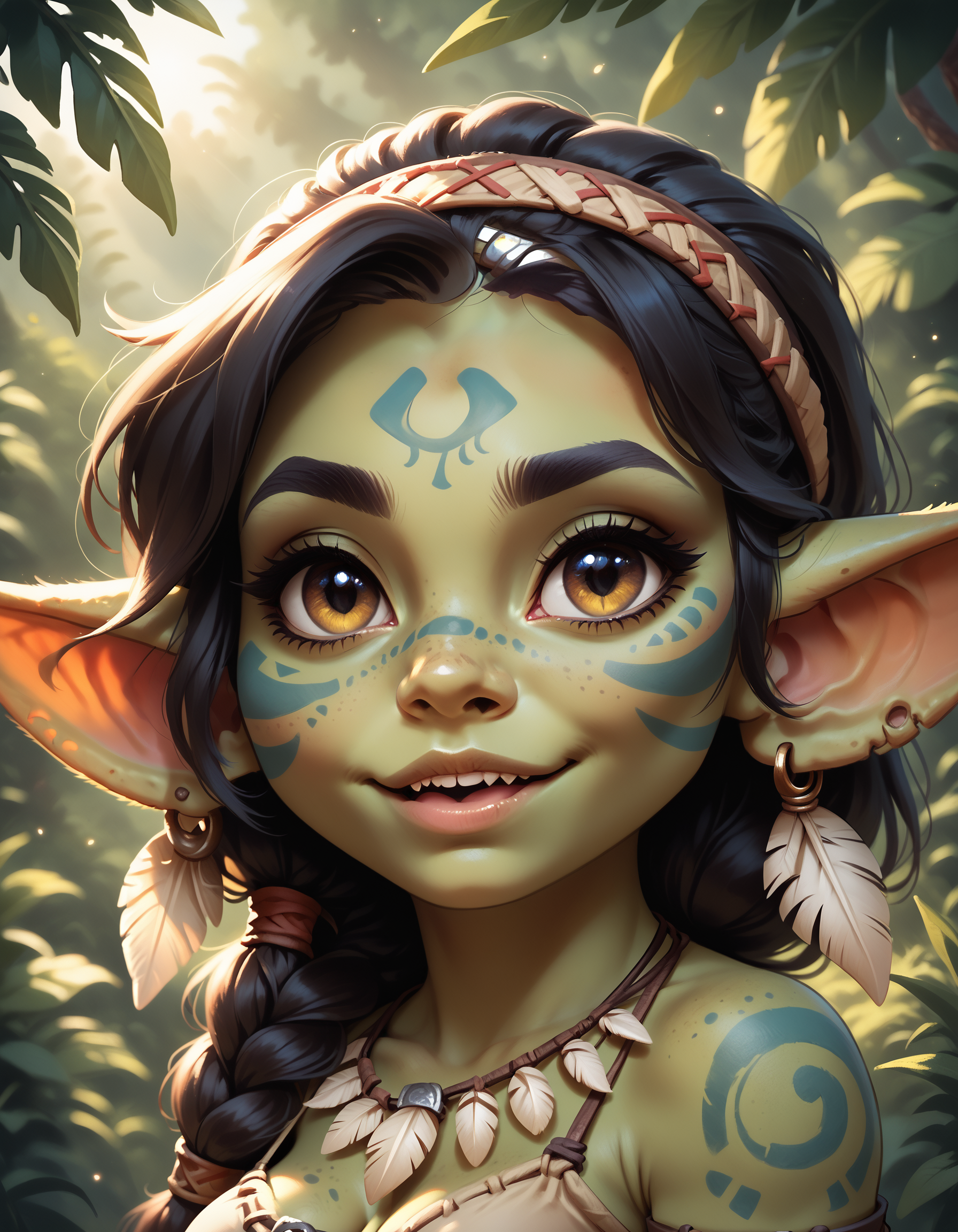 score_9, score_8_up, score_7_up, rating_questionable, <lora:Smooth Anime Style LoRA XL:0.8>, fantasy, cinematic lighting,
1 girl, solo, cute, (short:1.2), small body, (shortstack:1.1), goblin, tribal clothing, chibi, hair ornament, jungle, high angle, looking at viewer, tribal body paint, feather neckwear, headband, close-up, head tilt, headshot portrait, side view, mouth open