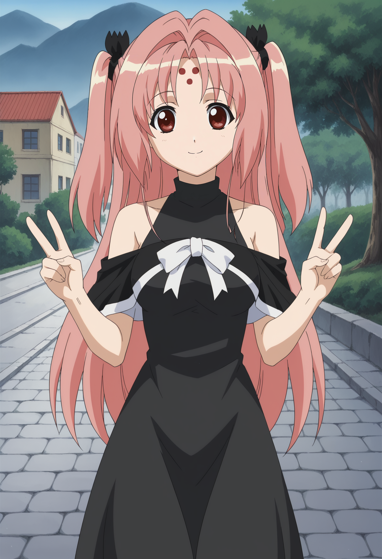 <lora:Miharu_Sena_Kanaka-Girls_Bravo:0.8>,1girl,solo,Miharu Sena Kanaka,pink hair,long hair,two side up,red eyes,forehead mark,hair ribbon,black dress,bare shoulders,looking at viewer, cowboy shot, double v, smile,outdoors